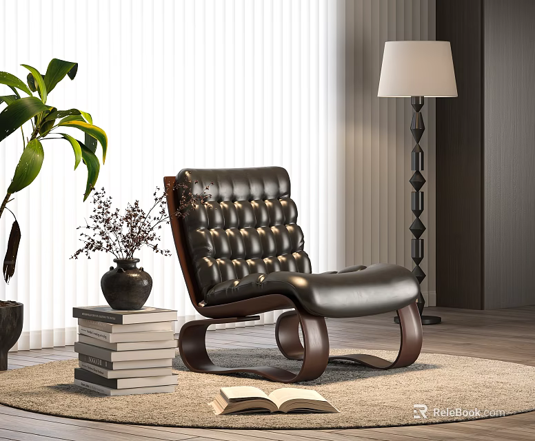 Black Leather Tufted Accent Chair with Wooden Frame Potted Plant Books Floor Lamp and Blinds 3d model 