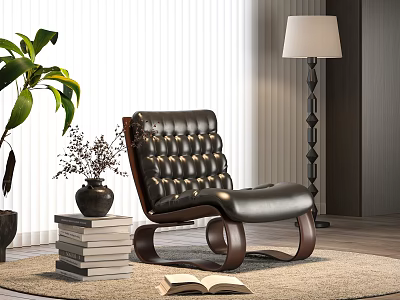 Black Leather Tufted Accent Chair with Wooden Frame Potted Plant Books Floor Lamp and Blinds 3d model