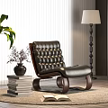 Black Leather Tufted Accent Chair with Wooden Frame Potted Plant Books Floor Lamp and Blinds