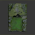 Cartoon Scene With Stone Cave Green Vines Arched Gate Green Ground And Stone Platform