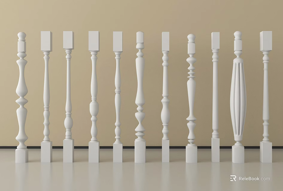 White Balusters With Various Decorative Styles And Patterns For Home Interior 3d model 