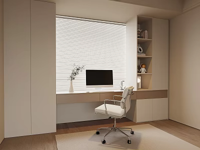 Modern Home Office Interior With White Desk Chair Computer And Blinds 3d model
