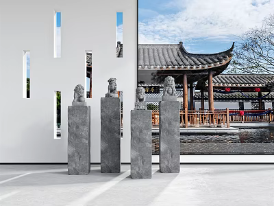 Carved Stone Columns With Head Decorations Against Modern Walls And Traditional Pavilion 3d model