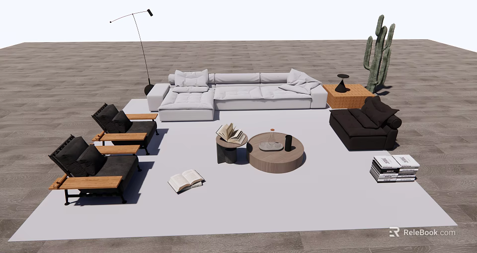Modern Living Room Sofa And Coffee Table Set With Black Chairs Floor Lamp And Cactus 3d model 