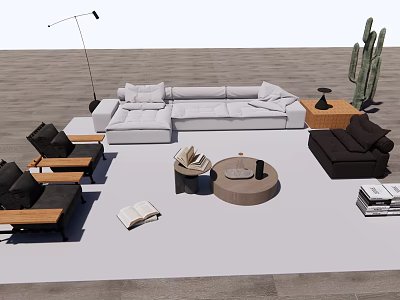 Modern Living Room Sofa And Coffee Table Set With Black Chairs Floor Lamp And Cactus 3d model