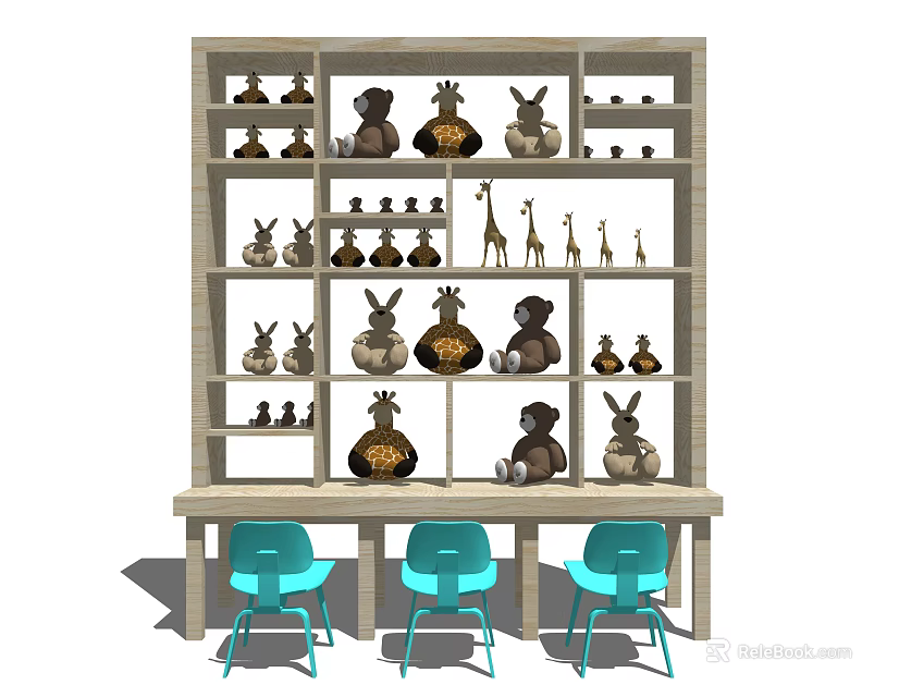 Stylish Decorative Cabinet With Animal Figurines Vases Wooden Table And Blue Chairs 3d model 