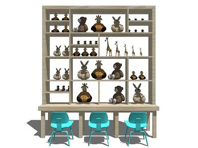Stylish Decorative Cabinet With Animal Figurines Vases Wooden Table And Blue Chairs 3d model