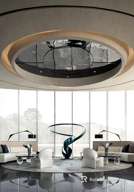 Elegant Modern Sales Office Interior With Circular Glass Ceiling And Large Windows 3d model 