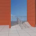 Metal Railing on Terrace Steps With Orange Walls Light Tiles And Blue Sky