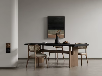 Modern Dining Table Set With Wooden Chairs And Wall Artwork In Interior 3d model