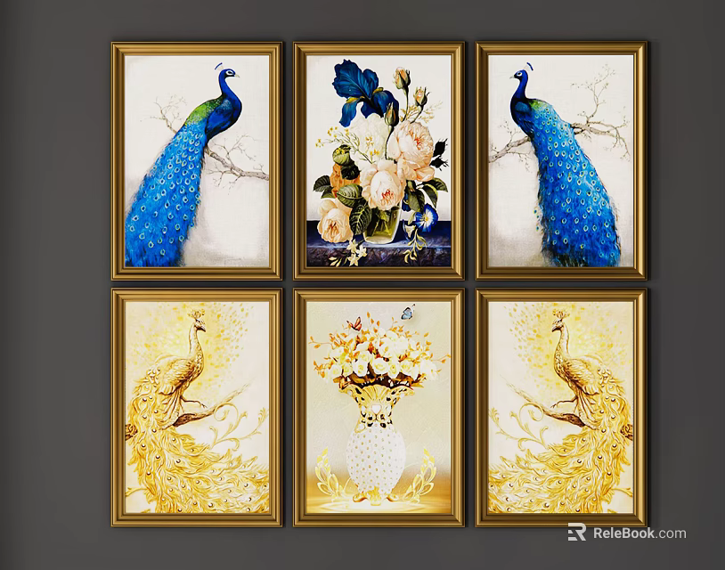 Elegant Six Panel Peacock Paintings with Floral Vases and Golden Frames 3d model 