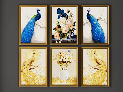 Elegant Six Panel Peacock Paintings with Floral Vases and Golden Frames 3d model