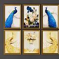 Elegant Six Panel Peacock Paintings with Floral Vases and Golden Frames