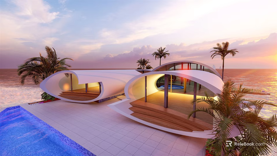 Modern Curved Boutique Villa With White Exterior Palm Trees Pool And Ocean View At Sunset 3d model 
