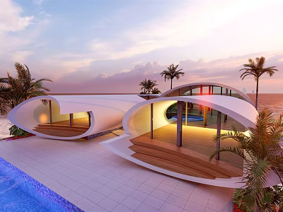 Modern Curved Boutique Villa With White Exterior Palm Trees Pool And Ocean View At Sunset 3d model