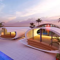 Modern Curved Boutique Villa With White Exterior Palm Trees Pool And Ocean View At Sunset