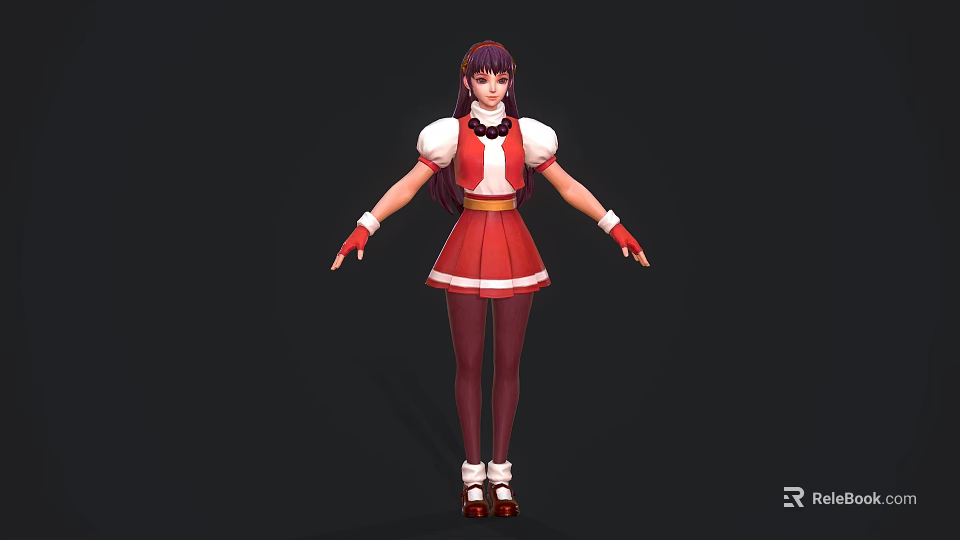 Game Movie Character With Purple Long Hair Red White Dress Black Bowtie Stockings Red Shoes 3d model 