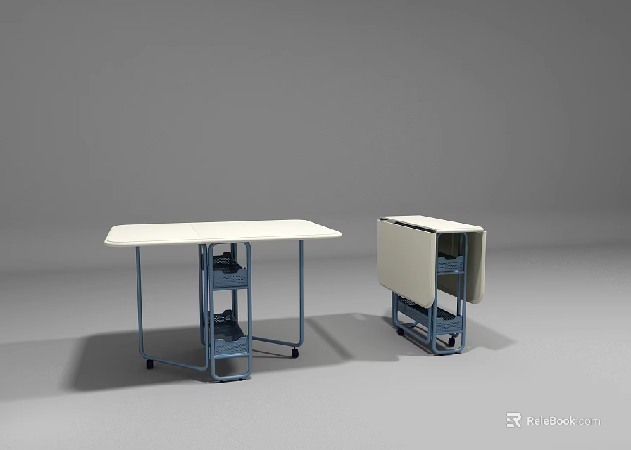 Foldable Dining Table With White Tabletop Blue Frame Storage Shelves And Wheels 3d model