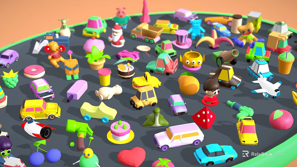 Colorful Toy Cars With Various Playful Toys In A Fun Collection Display Setup 3d model 