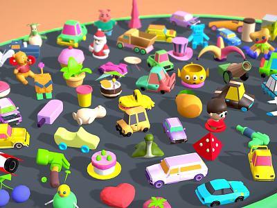 Colorful Toy Cars With Various Playful Toys In A Fun Collection Display Setup 3d model
