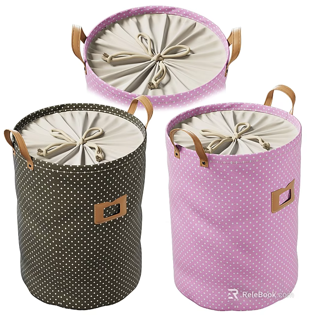 Cute Polka Dot Fabric Storage Baskets With Leather Handles And Drawstring Closure 3d model 
