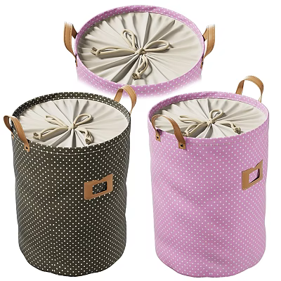 Cute Polka Dot Fabric Storage Baskets With Leather Handles And Drawstring Closure 3d model