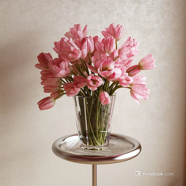 Beautiful Pink Tulips Arranged in Clear Glass Vase on Round Tray with Light Wall 3d model 