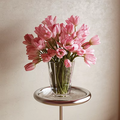 Beautiful Pink Tulips Arranged in Clear Glass Vase on Round Tray with Light Wall 3d model