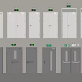 Various White And Gray Safety Doors With Green Signs And Indicators