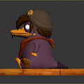 Purple Cartoon Character With Gear Hat Red Scarf Orange Feet On Octagonal Base