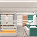 Modern Specialty Store Interior With Green Shelves Display Counters And Hanging Signs