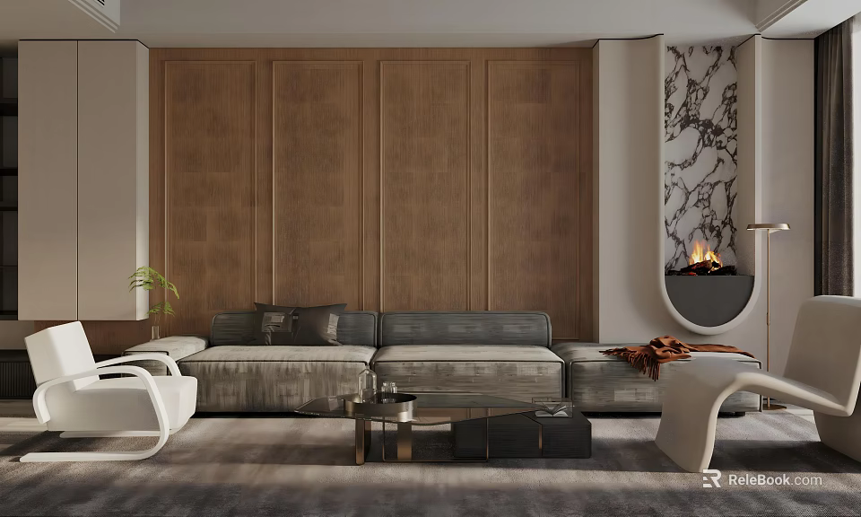 Modern Living Room Interior With Brown Wooden Panel Wall Gray Sofa And Marble Fireplace 3d model 