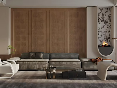 Modern Living Room Interior With Brown Wooden Panel Wall Gray Sofa And Marble Fireplace 3d model