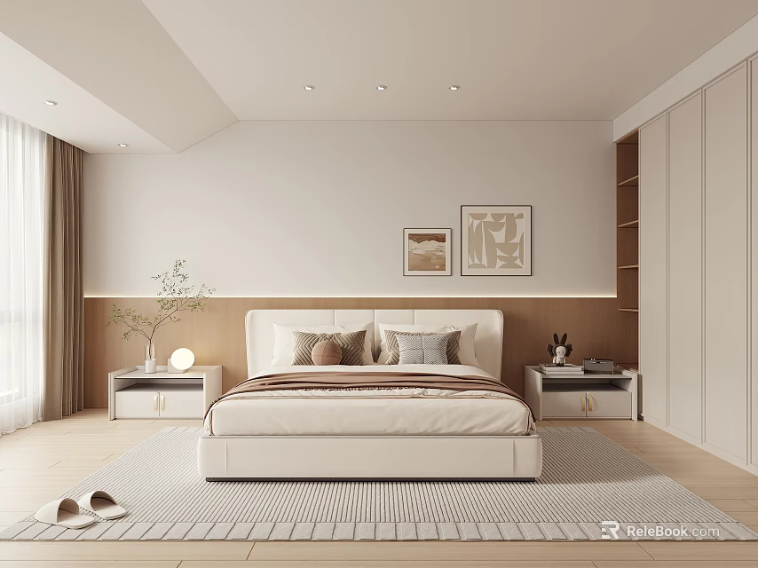 Modern Minimalist Bedroom Interior With White Bed Nightstands And Decorative Paintings 3d model 