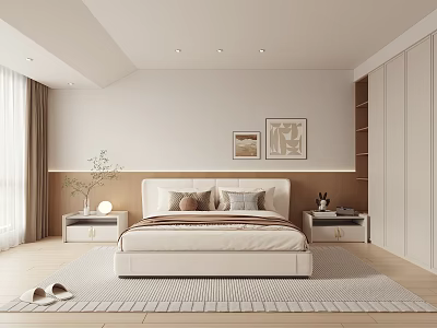 Modern Minimalist Bedroom Interior With White Bed Nightstands And Decorative Paintings 3d model
