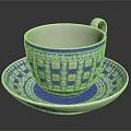 Ceramic Blue And White Patterned Cup With Matching Saucer And Floral Motifs