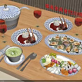 Delicious Western Food Plated Dishes with Grilled Meat Appetizers Fruits Vegetables and Wine Glasses