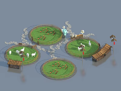 Scenic Park Landscape With Circular Animal Enclosures Sheep Cattle Wooden Bridge And Small Huts 3d model