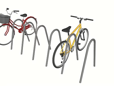 Red and Yellow Bicycles Parked on Metal Bicycle Rack in Outdoor Area 3d model