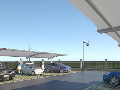 Modern Parking Lot Equipped With Electric Vehicle Charging Stations And Canopies For Parked Cars 3d model