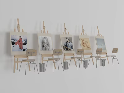 Organized Painting Tools Setup with Multiple Easels Artworks Chairs and Buckets 3d model