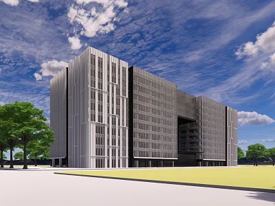Modern Glass Facade Office Building With Green Lawn And Blue Sky Clouds 3d model