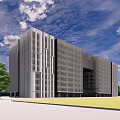 Modern Glass Facade Office Building With Green Lawn And Blue Sky Clouds