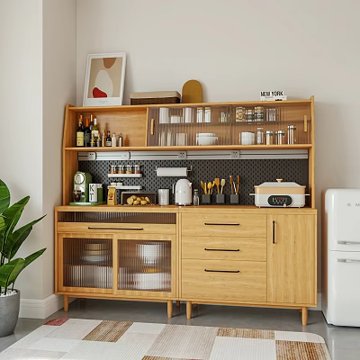 Natural Wood Sideboard With Glass Doors Shelves And Green Plant In Kitchen 3d model