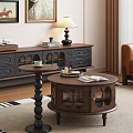 Round Wooden Coffee Table With Open Book Tray And Small Side Table By Leather Sofa