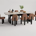 Modern Dining Table Set with Beige Upholstered Chairs Marble Tabletop and Decorative Vase Fruit Bowl