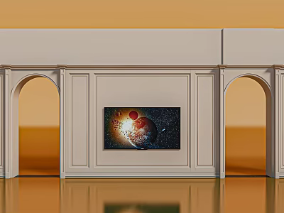 White Decorative Door Arches With Cosmic Wall Art And Shiny Floor In Interior 3d model