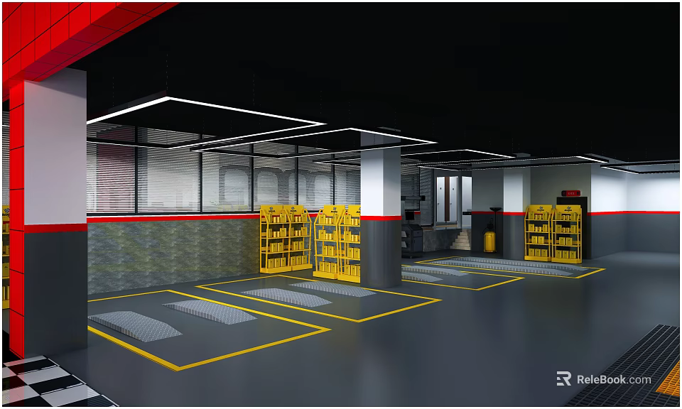 Automotive Store Interior With Yellow Shelves Gray Floor Yellow Parking Lines And Black Ceiling 3d model 