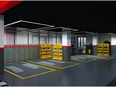 Automotive Store Interior With Yellow Shelves Gray Floor Yellow Parking Lines And Black Ceiling 3d model