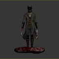 A Man Wearing Animal Mask And Long Coat Holding Weapons On Red Base